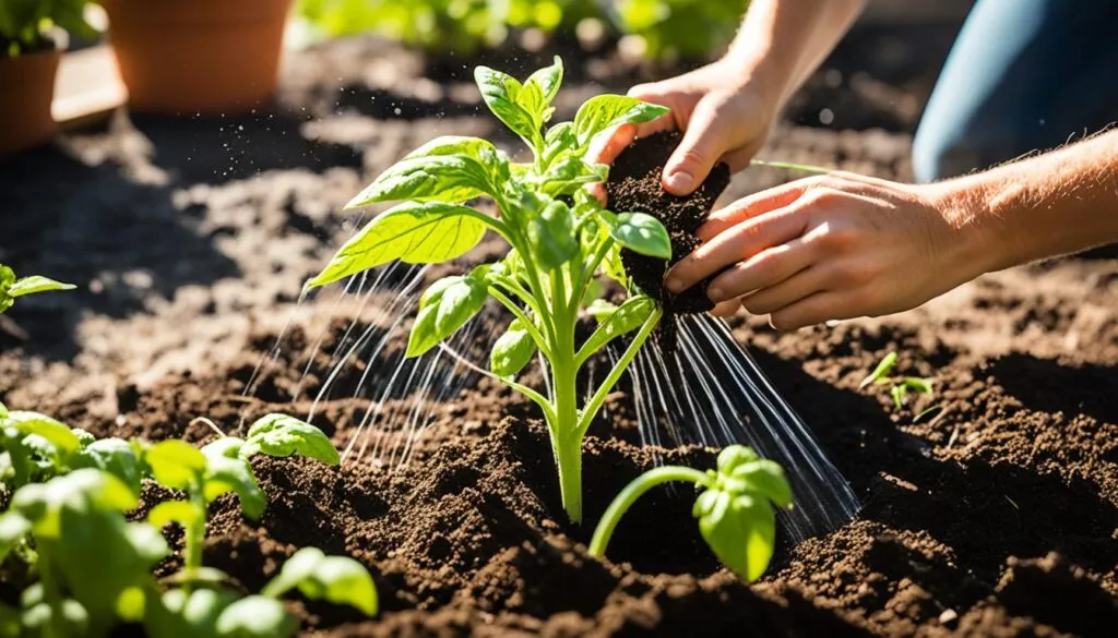 Tomato plants with fresh mulch applied around the base for moisture retention