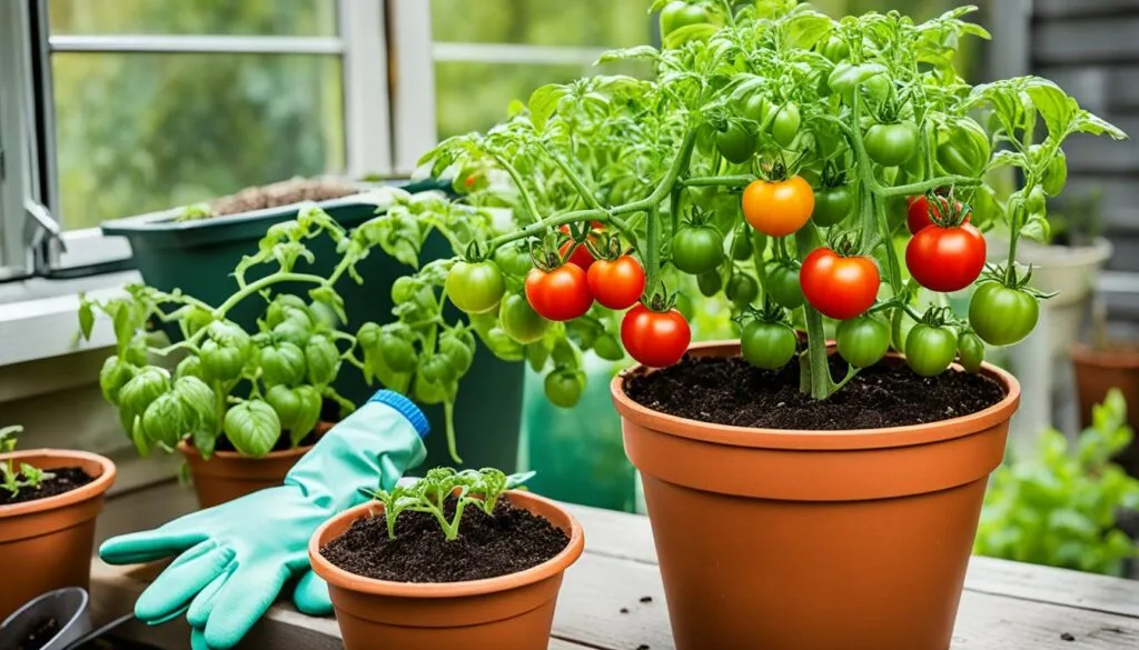 Healthy tomato plants growing in large containers with proper drainage