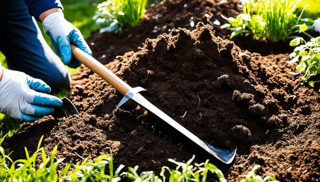Rich, dark compost being mixed into garden soil for tomato planting