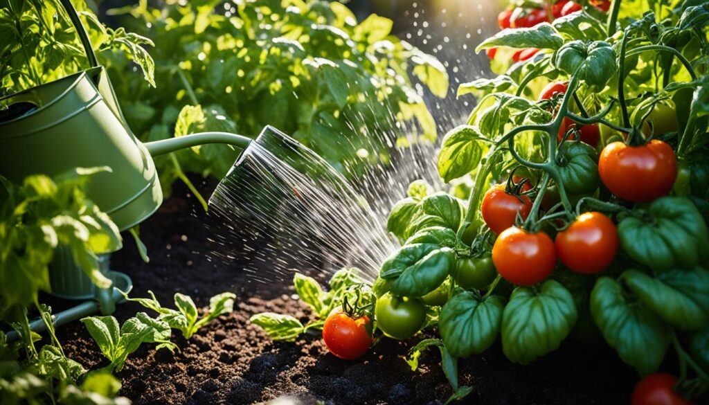 watering tomato plants in garden beds