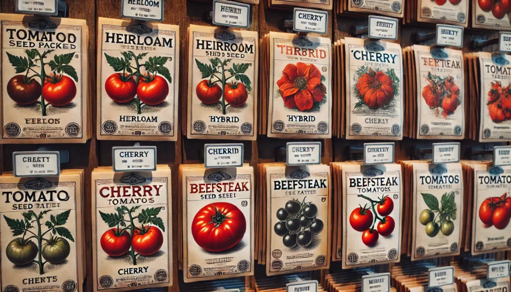 Imagine a display of different tomato seed packets, each labeled with the variety, including heirloom, hybrid, cherry, and beefsteak types.