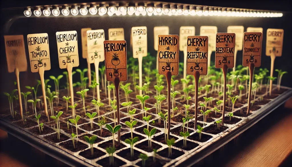 An image of seed trays with tiny emerging tomato seedlings, placed under grow lights, with labeled sticks indicating the tomato varieties