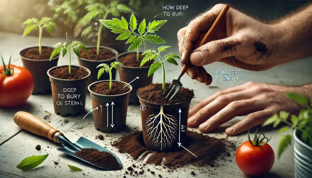 Seedlings being transplanted into larger pots, with close-up details showing how deep to bury them.