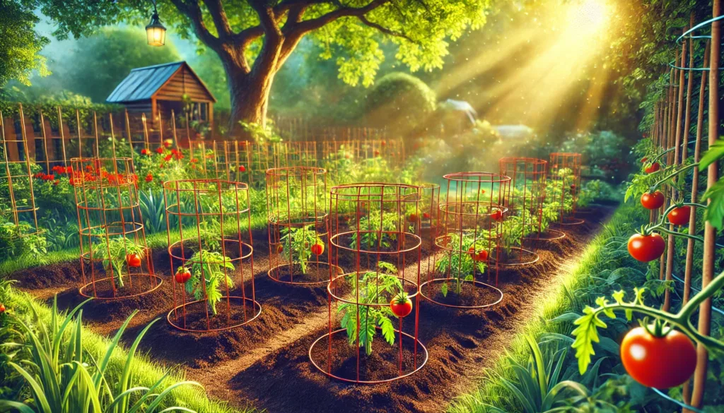 A vibrant garden bed prepared for planting, with tomato cages already installed and spaced for optimal air circulation.