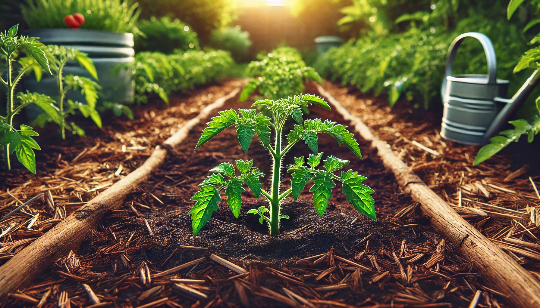 A newly planted garden with healthy tomato plants, showing deep planting and a layer of mulch around the base