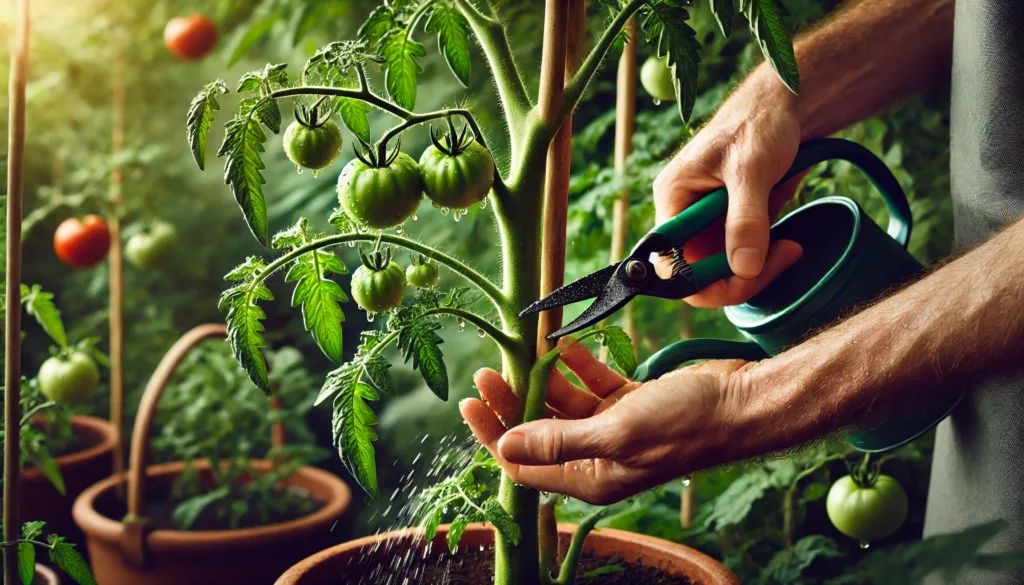 A tomato plant showing healthy growth with side shoots being pruned by hand, along with a gardener watering at the base of the plant.