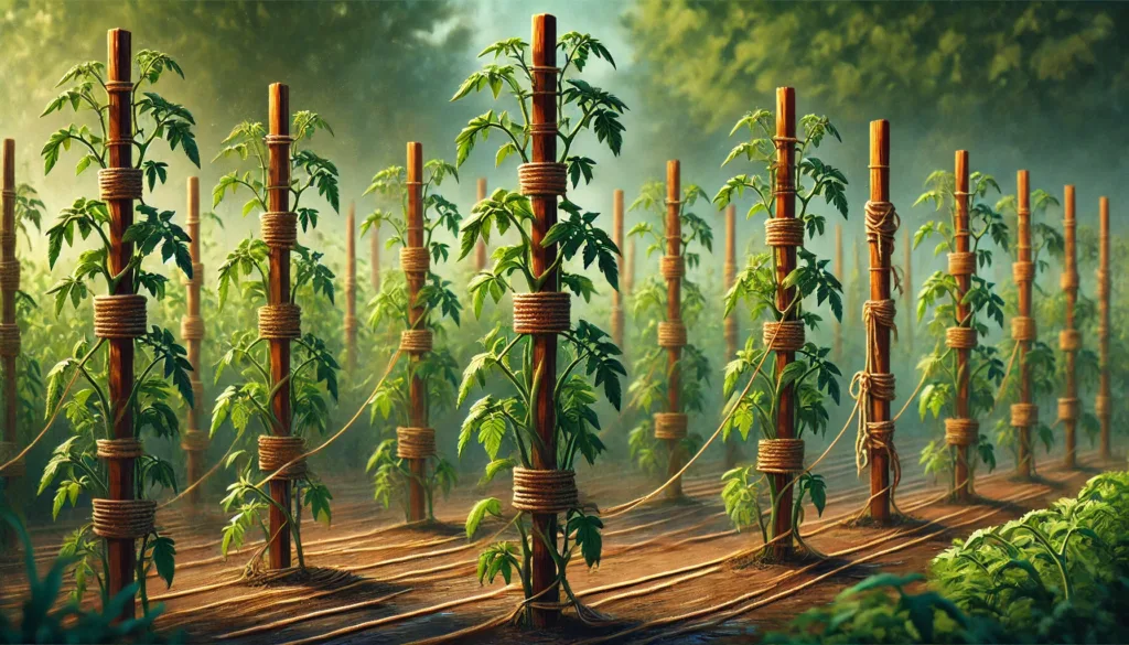 A row of staked tomato plants growing tall, with twine loosely tied around the main stems to provide support.