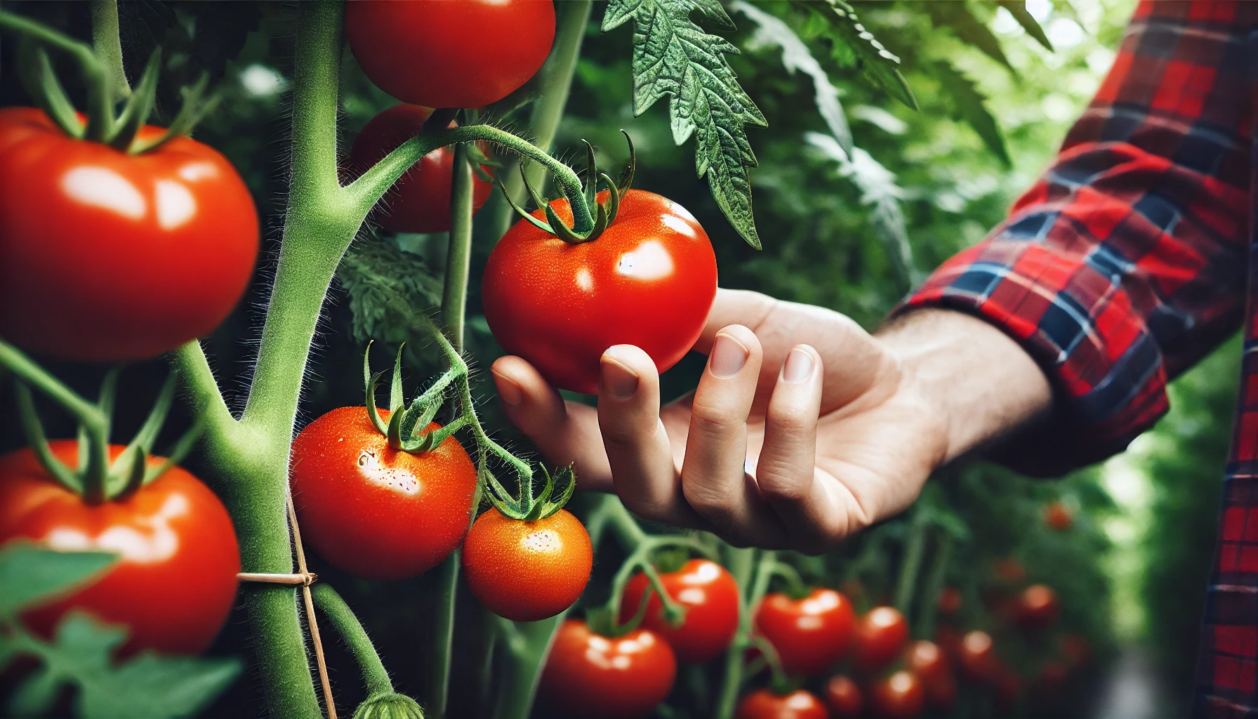 Ripe tomatoes hanging on the vine, with a gardener gently picking them, showing the vibrant colors of fully matured fruits.