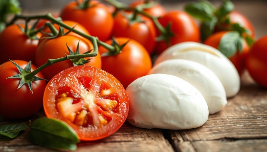 Ripe Tomatoes and Buffalo Mozzarella Ingredients Ripe Tomatoes and Buffalo Mozzarella Ingredients