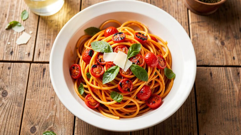 A bowl of blistered cherry tomato pasta with charred split tomatoes, basil, and Parmesan
