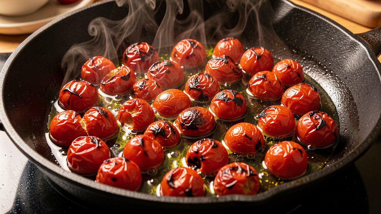 Whole cherry tomatoes blistering and splitting in hot olive oil in a skillet