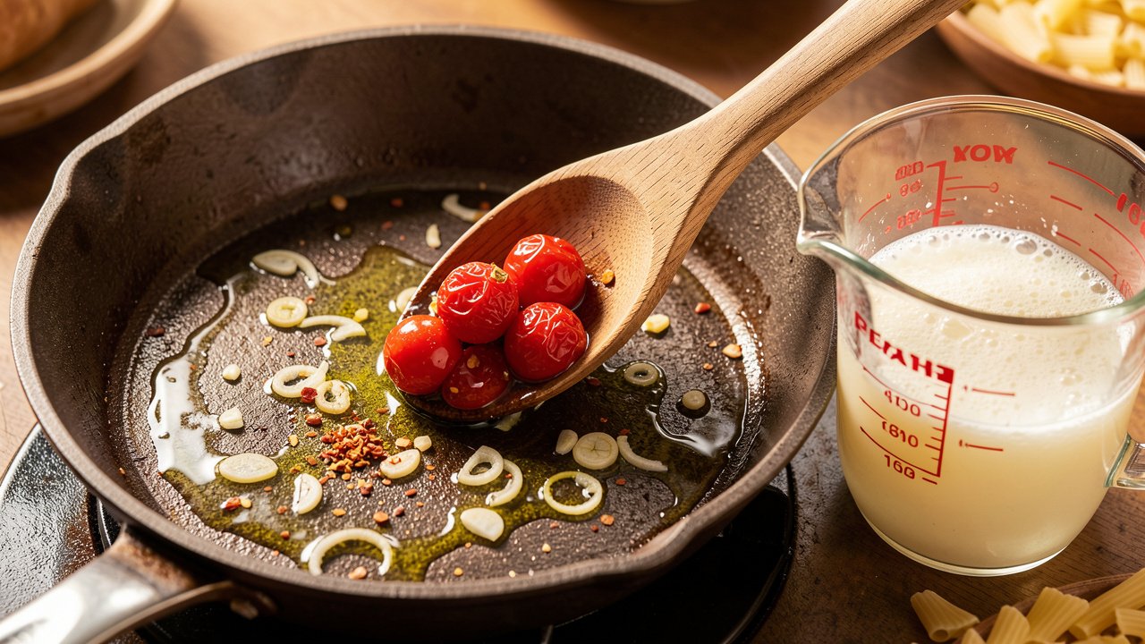 Blistered cherry tomatoes being smashed with a spoon next to a cup of reserved pasta water
