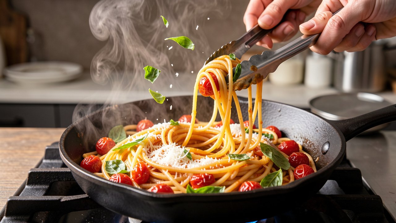 Spaghetti tossed with blistered cherry tomatoes, basil, and melting Parmesan in a skillet