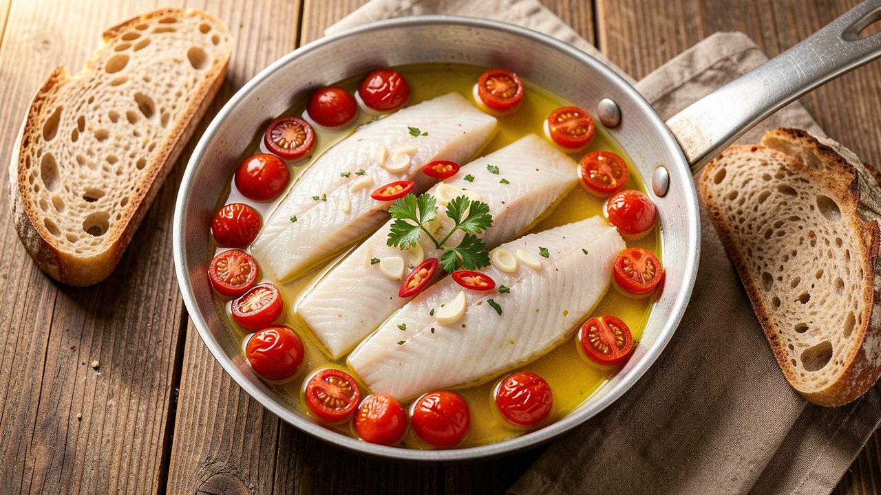 White fish fillets poached in a light cherry-tomato broth with parsley and chili, served with crusty bread