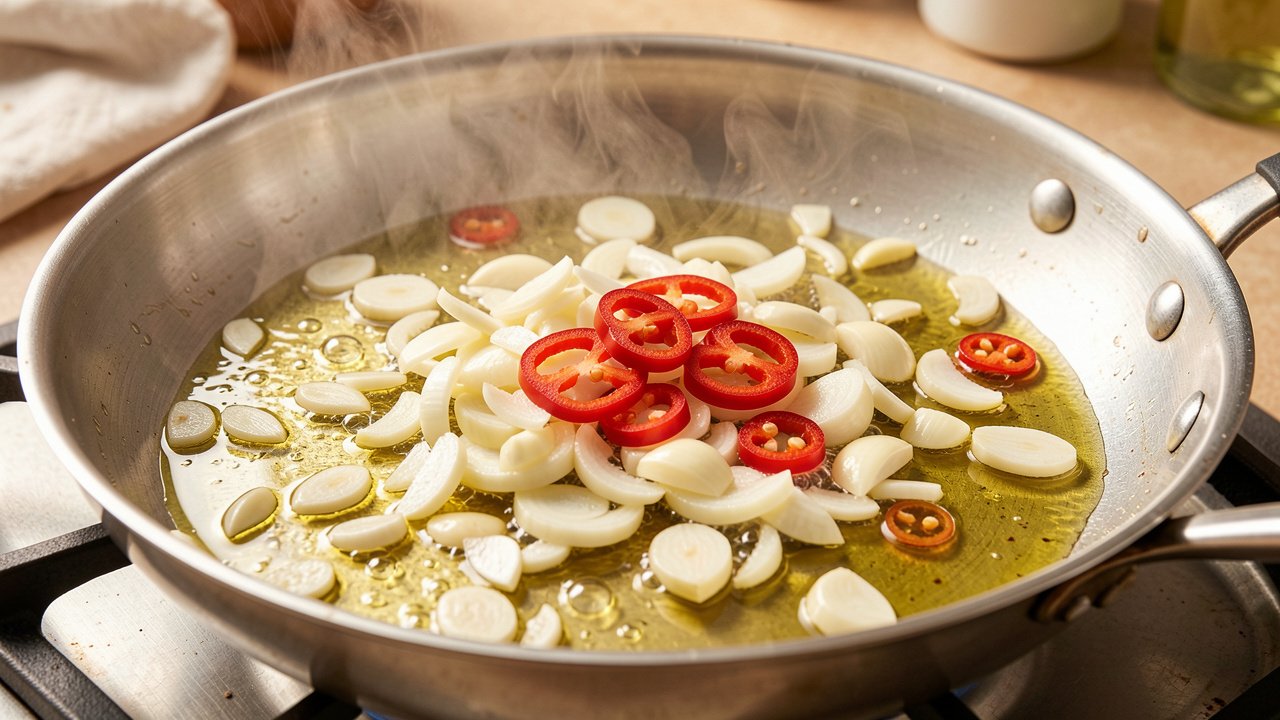 Sliced garlic and red chili sizzling gently in olive oil in a shallow pan
