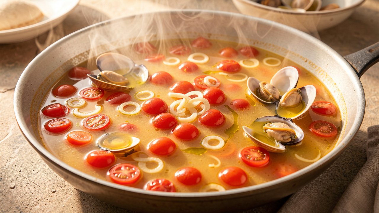 A light cherry-tomato broth simmering in a pan with burst tomatoes and clams opening