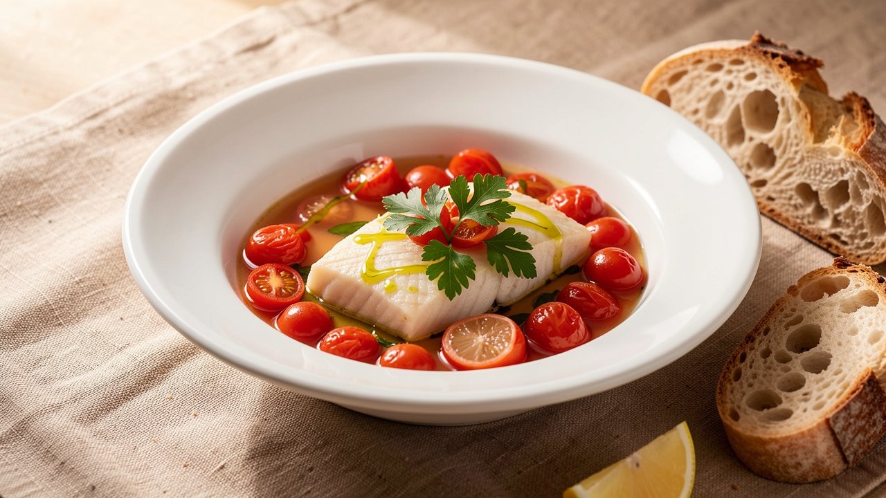 Finished acqua pazza plated in a shallow bowl with parsley, lemon, and crusty bread