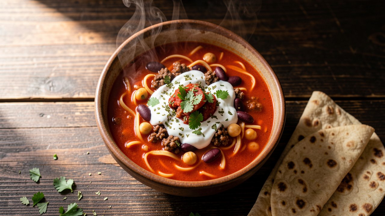 A bowl of Afghan Aush Goshti tomato noodle soup topped with garlicky yogurt, dried mint, and cilantro