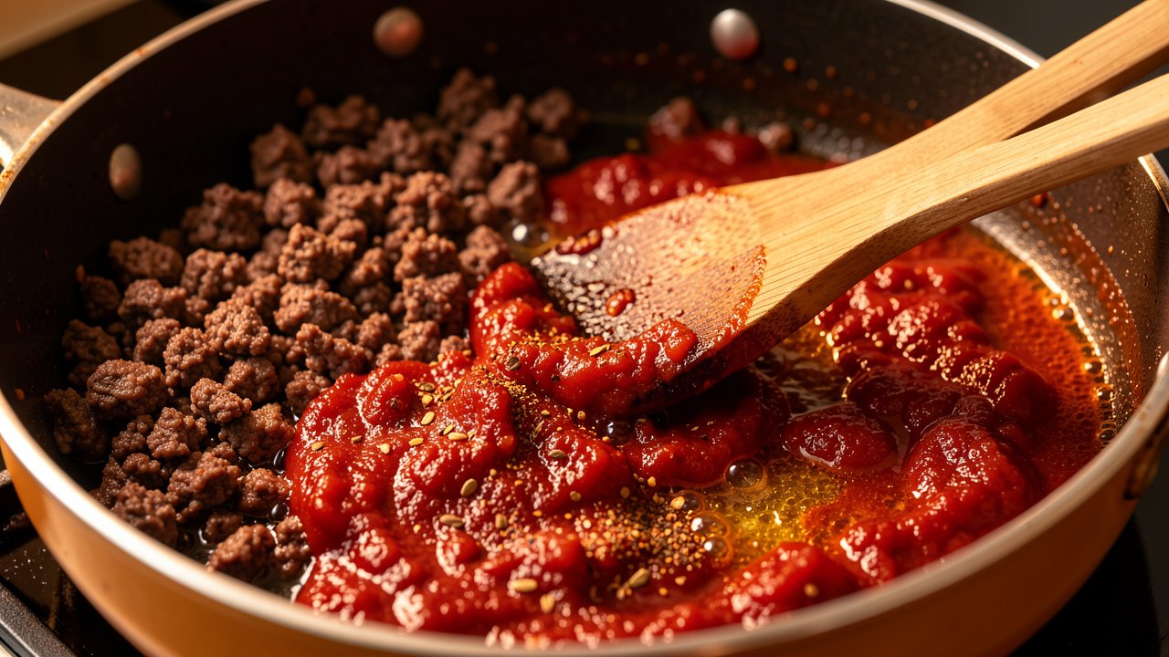 Tomato paste and spices darkening to brick red in the pot beside browned beef