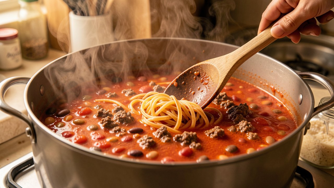Broken linguine noodles being stirred into a bubbling red tomato and bean soup