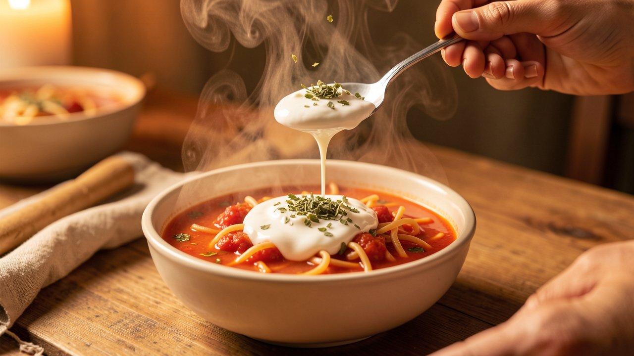 Garlicky yogurt chaka being drizzled over a served bowl of Afghan Aush Goshti with dried mint