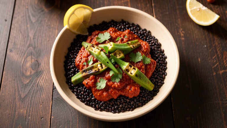 A bowl of spiced black barley with seared okra and tomatoes, topped with cilantro and a lemon wedge