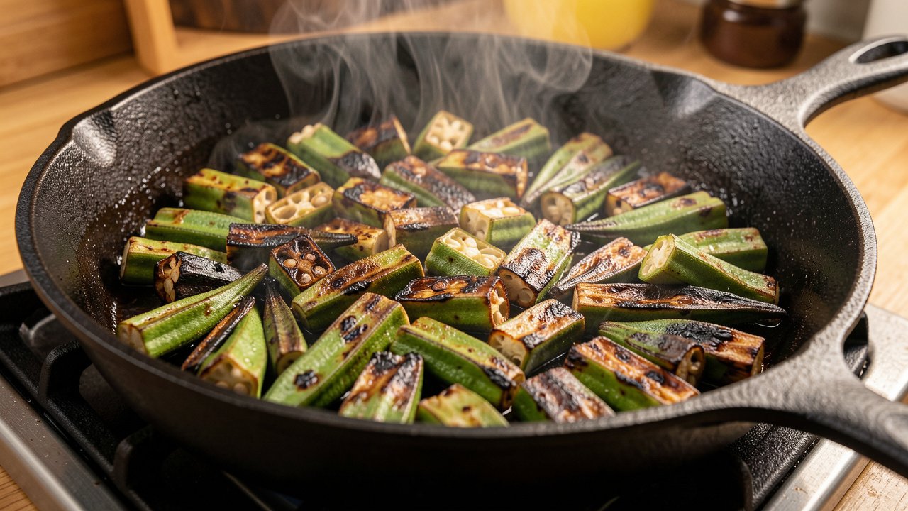 Cut okra pieces searing in a single layer in a hot cast iron skillet