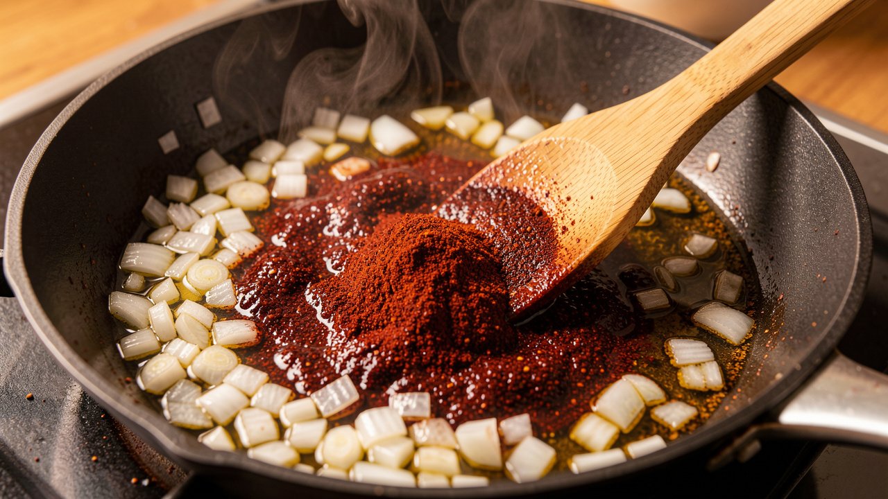 Red berbere spice blooming in oil with onion in a skillet