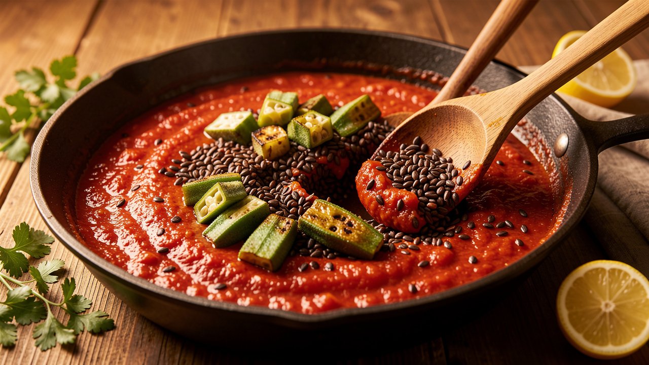 Barley being folded into spiced tomato sauce with seared okra on top