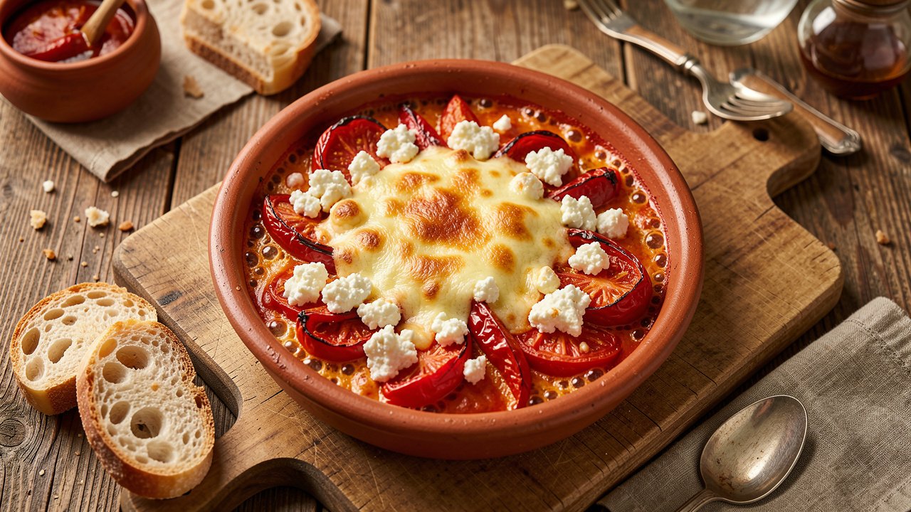 A bubbling earthenware dish of Albanian fergese with red peppers, tomatoes and white cheese, served with crusty bread