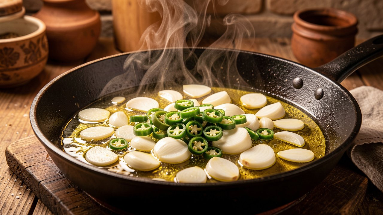 Sliced garlic and green chili softening in olive oil in a skillet