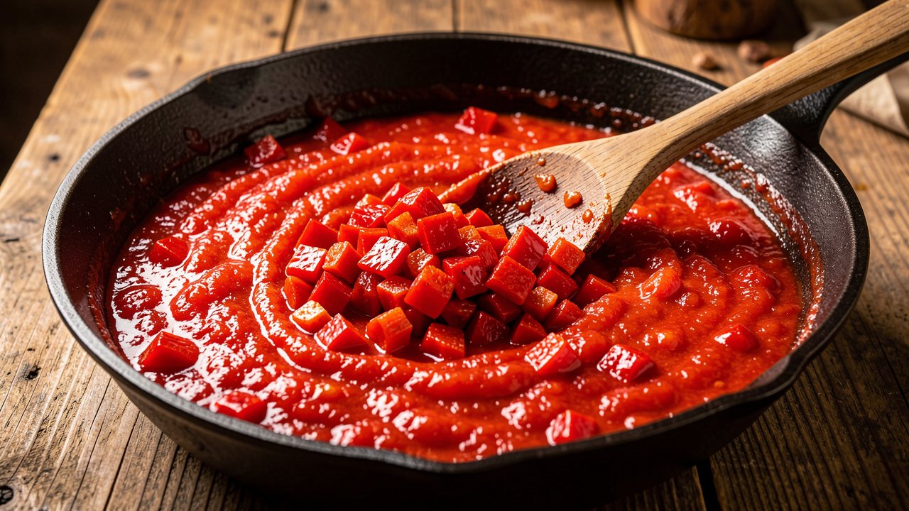 Roasted peppers stirred into a thick jammy tomato base in a skillet