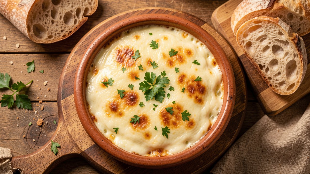 Finished fergese bubbling in an earthenware dish, topped with golden cheese and parsley, bread beside it