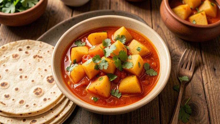 A bowl of aloo tamatar with potato chunks in a spiced tomato curry, served with roti
