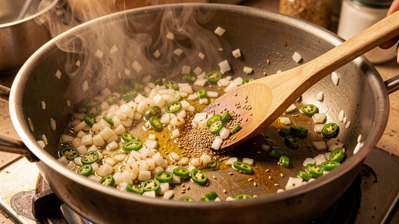 Onion and green chilies frying to golden with cumin seeds in a pot