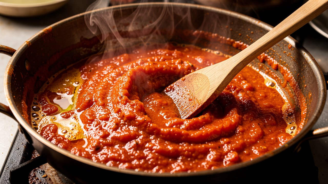 Tomato masala frying down until the oil separates at the edges
