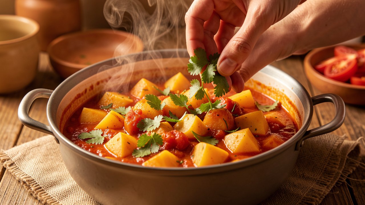 Finished aloo tamatar garnished with fresh cilantro in a pot