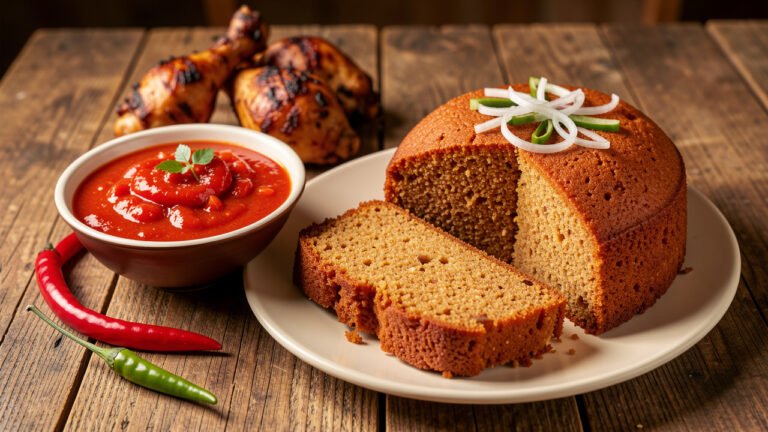 A firm red Beninese amiwo cornmeal cake served with tomato sauce and grilled chicken