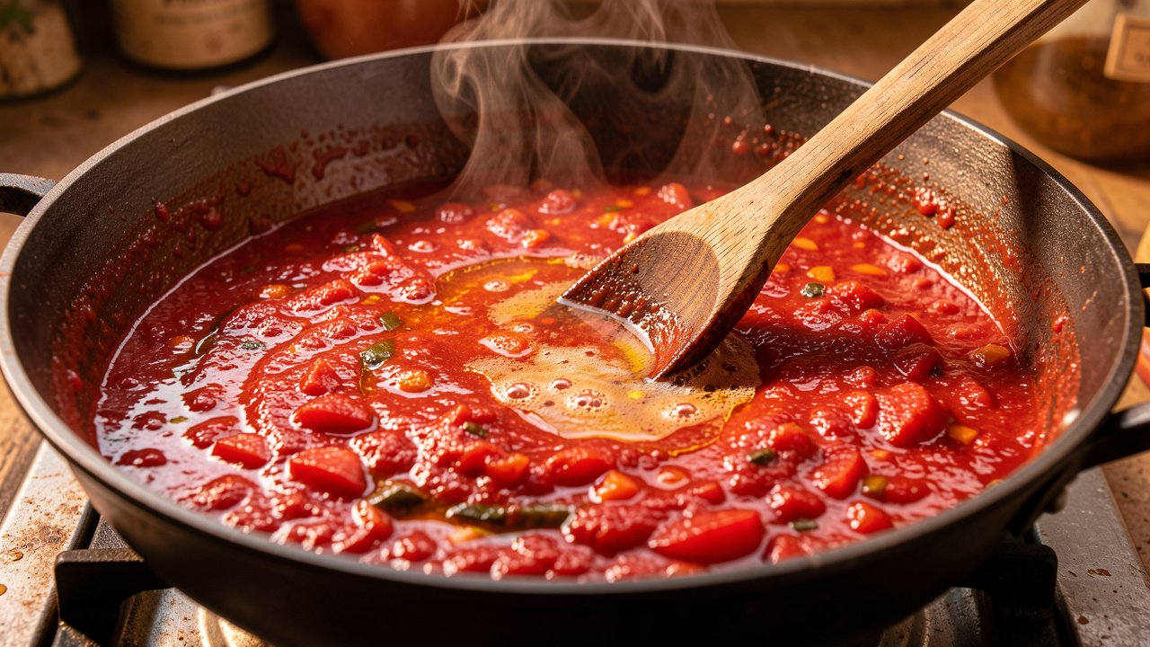 Blended red tomato and pepper sauce reducing in a pot