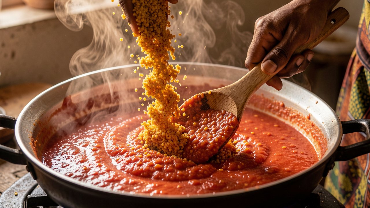 Cornmeal being stirred into red tomato sauce to make amiwo