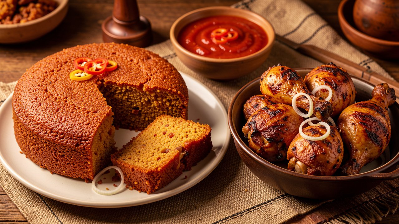 Sliced amiwo cornmeal cake served with tomato sauce and grilled chicken