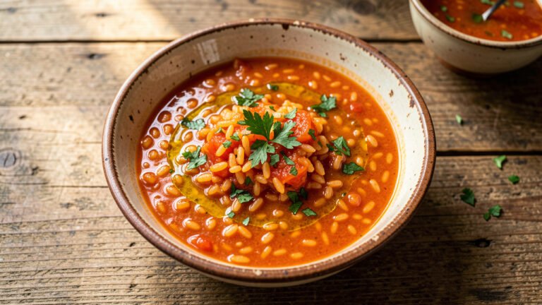 A rustic bowl of loose soupy Portuguese arroz de tomate topped with fresh parsley