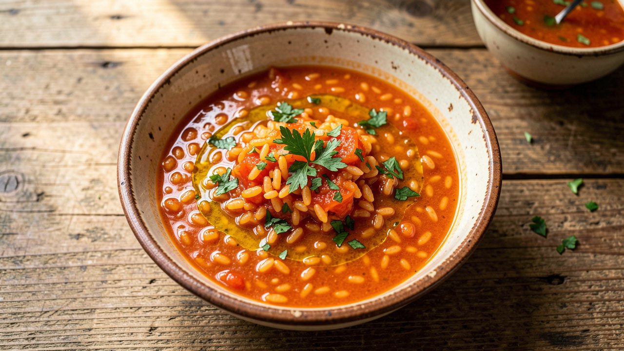 A rustic bowl of loose soupy Portuguese arroz de tomate topped with fresh parsley