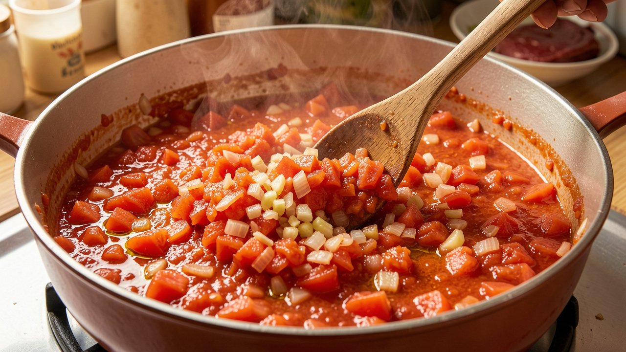 Grated tomatoes cooking down into a thick jammy tomato base in a pot
