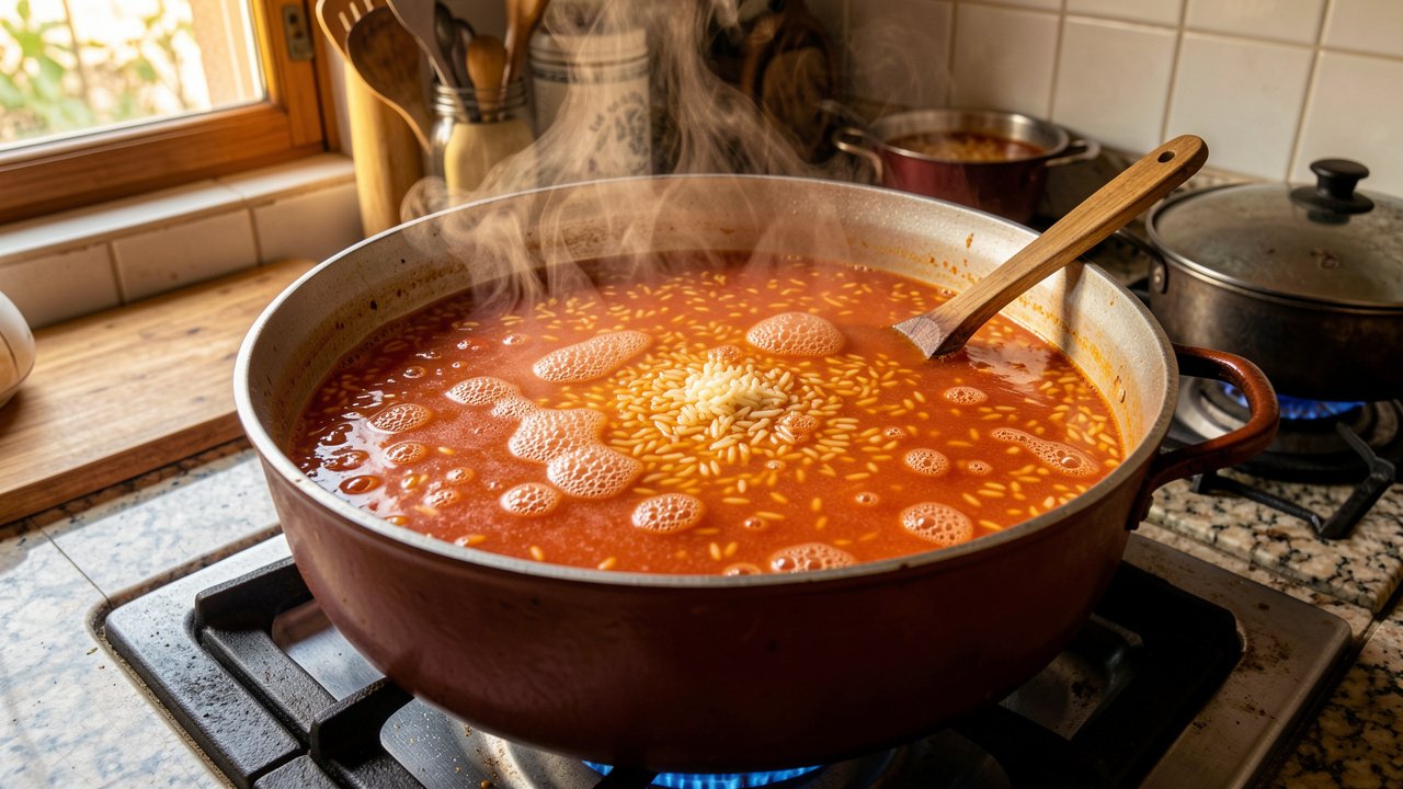 Rice simmering in a loose orange-red tomato broth in a wide pot