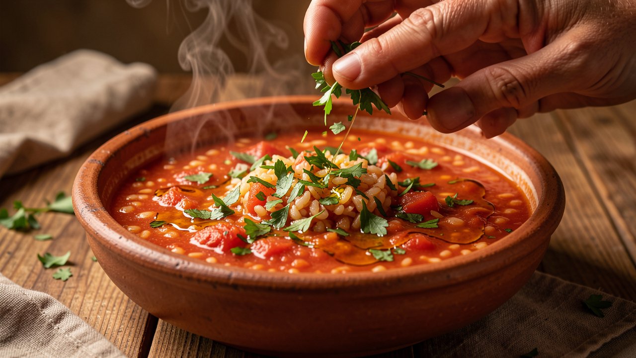 Finished Portuguese arroz de tomate garnished with fresh parsley in a rustic bowl