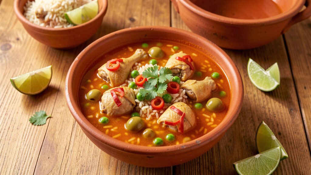 A deep bowl of brothy Puerto Rican asopao de pollo with chicken, olives, peas, and cilantro