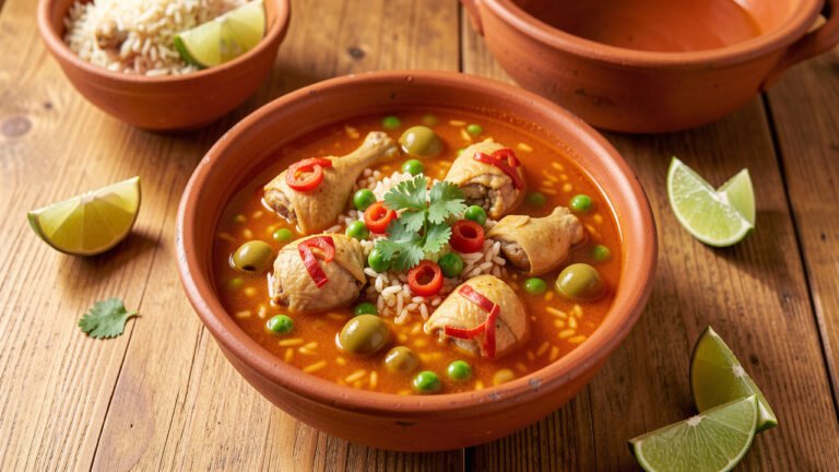 A deep bowl of brothy Puerto Rican asopao de pollo with chicken, olives, peas, and cilantro