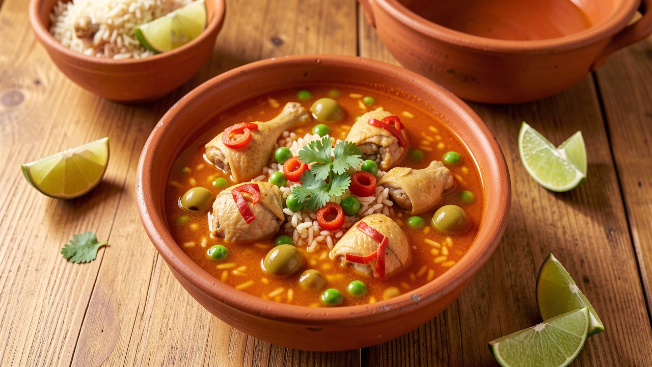 A deep bowl of brothy Puerto Rican asopao de pollo with chicken, olives, peas, and cilantro