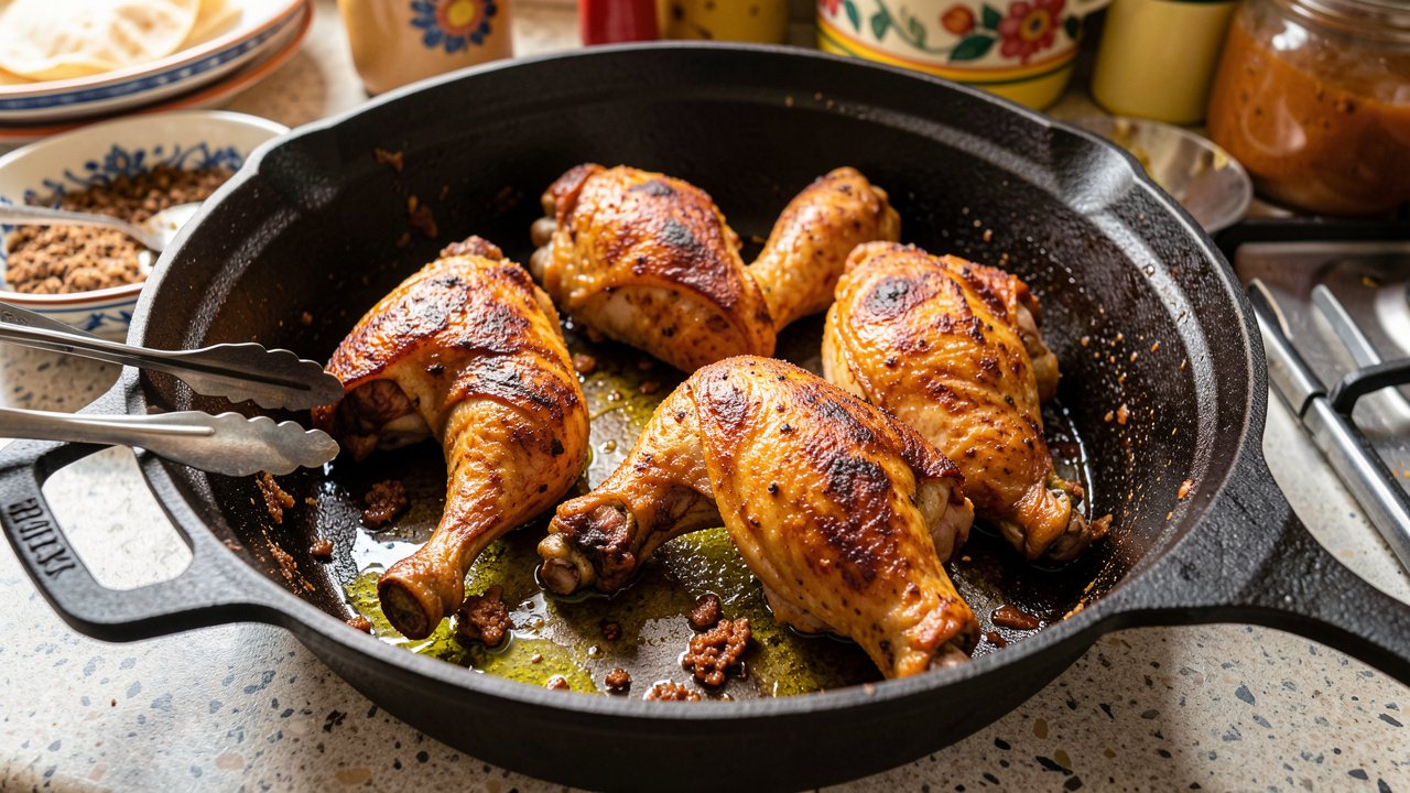 Bone-in chicken pieces browning skin side down in a heavy pot